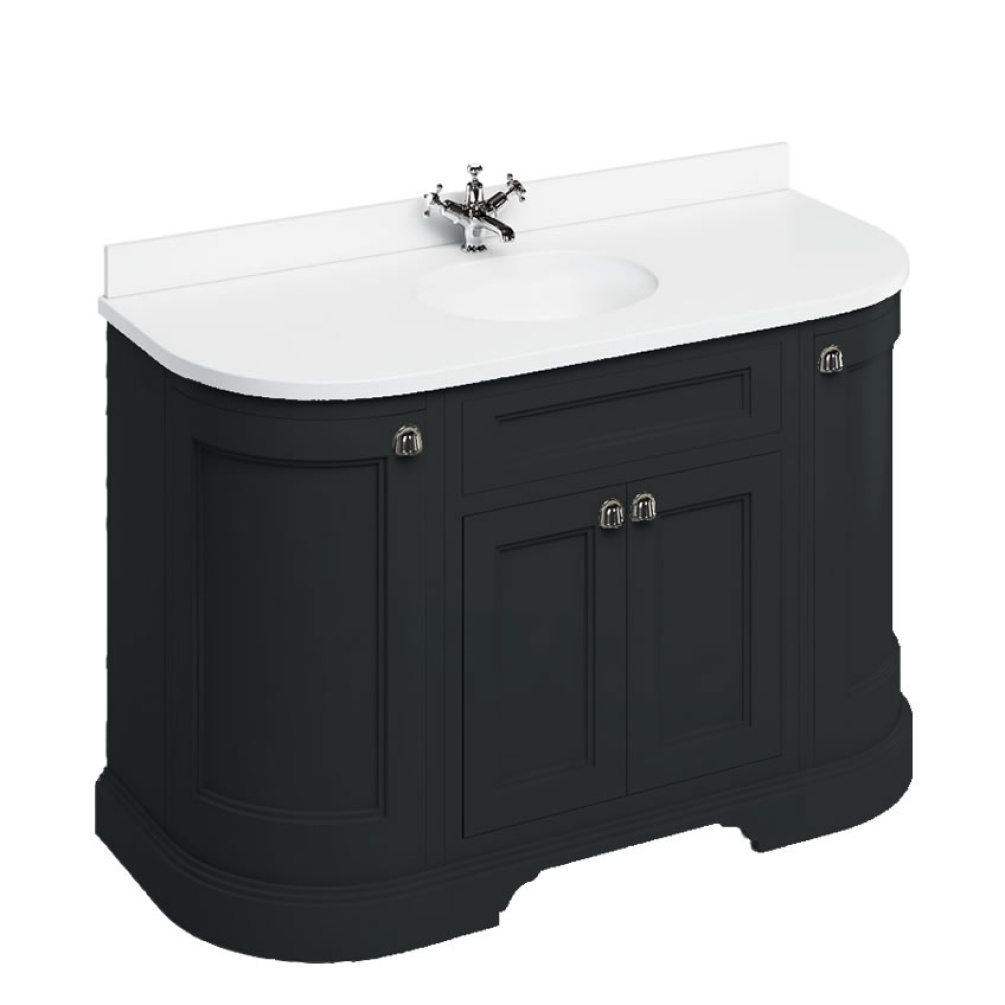 Burlington Matt Black 1340mm Curved Vanity Unit & White Minerva Worktop